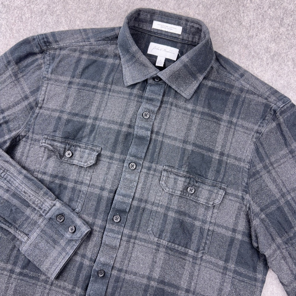 John W Nordstrom Flannel Mens M Gray Plaid Supima Cotton Button Up Elbow Patch